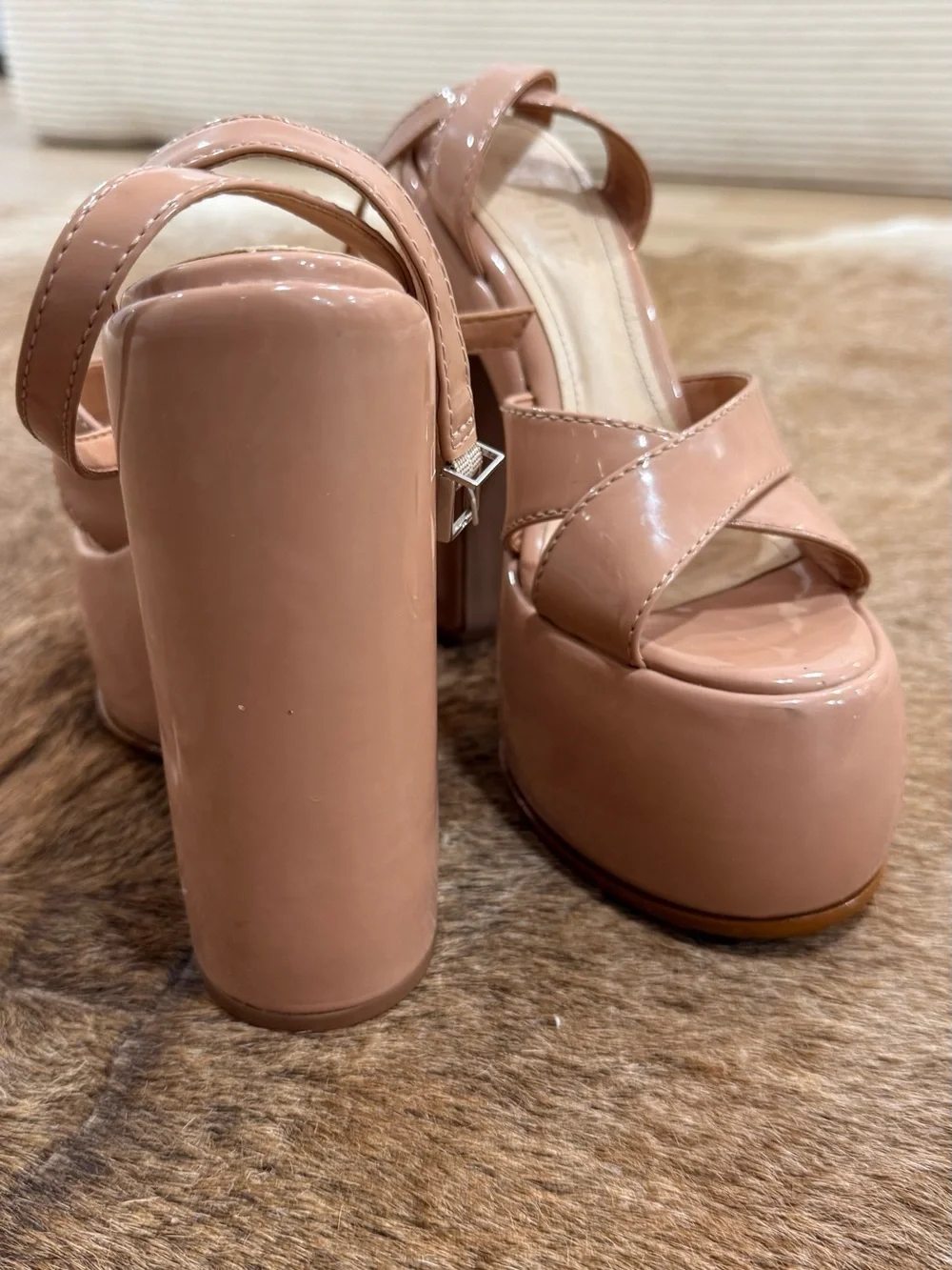 Schutz Nude Pattie Patent Leather Platform Sandals